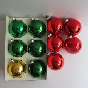11 HOLLY & Rauch 2 5/8” Round Glass Christmas Ornaments Vtg USA Red Green Gold